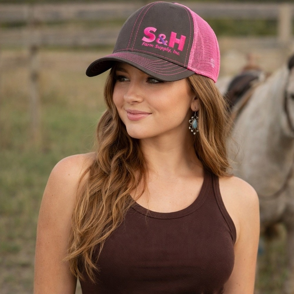 Embassy S&H Farm Supply Pink Brown Trucker‎ Hat Embroidered Logo Mesh Snapback
